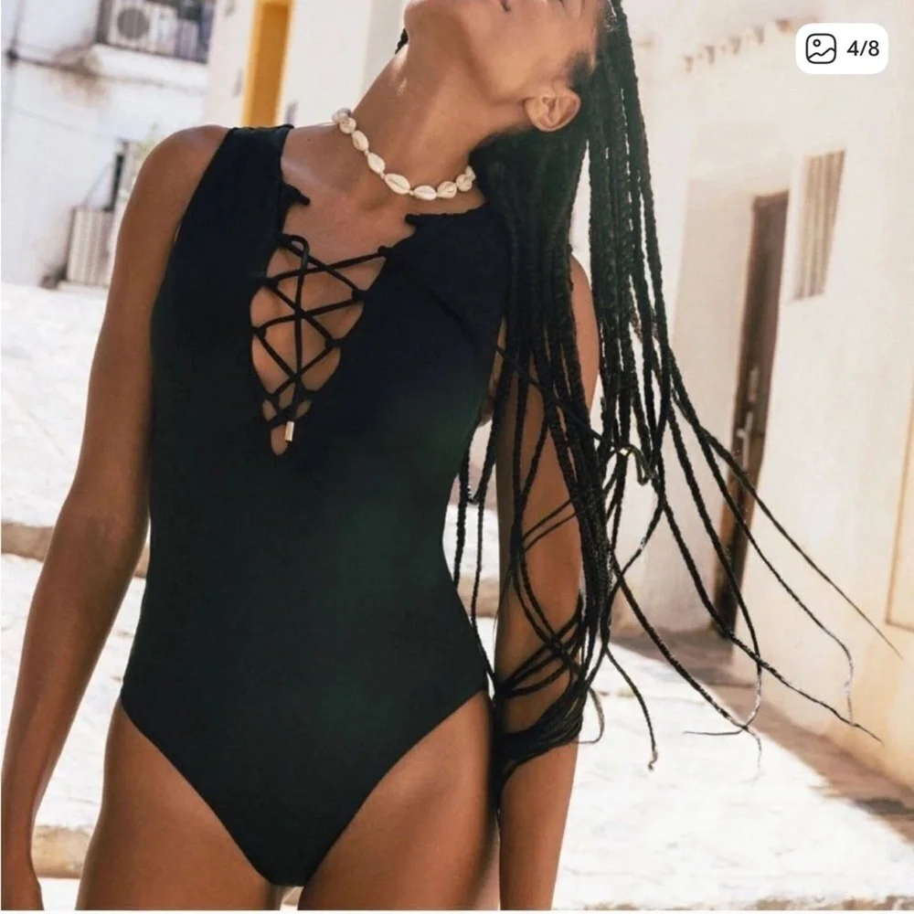 Andie Swim The Oahu One Piece Swimsuit Black lace up high neck back sexy